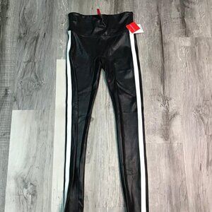 Spanx Faux Leather Leggings Track Stripe Size Small/P Black High Rise 20187R NWT